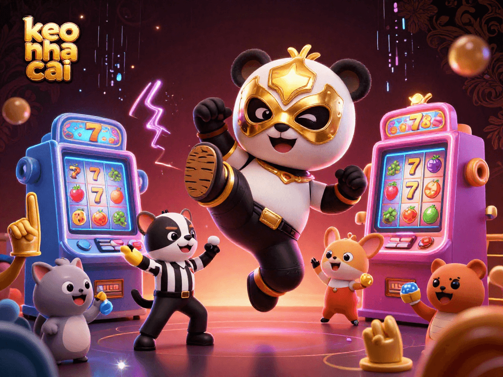 Experience thrilling moments with keo nha cai where a panda wrestler flies into action amidst vibrant slot machines.