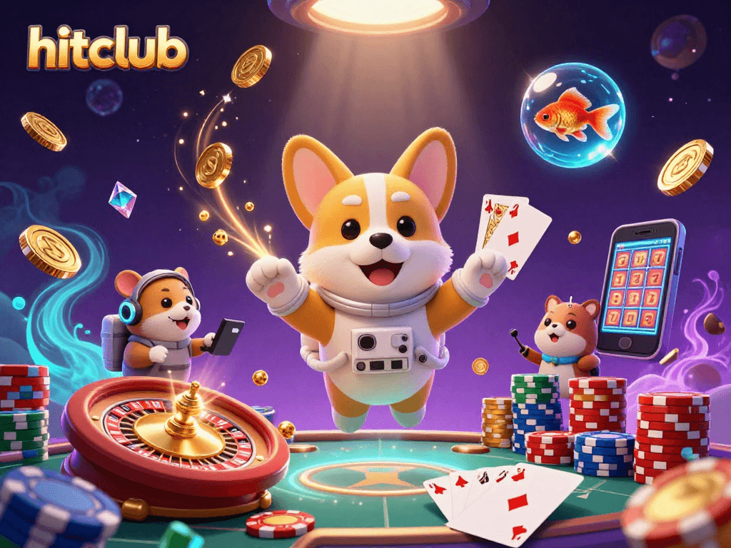 Experience hitclub's vibrant casino adventure with a corgi astronaut and charming characters in space.