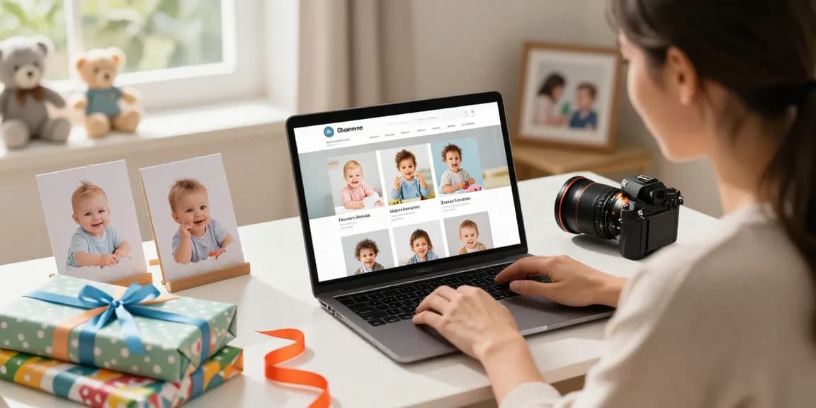 Parent browsing Shoplinks 4u for baby albums and gift ideas in a cozy setting.