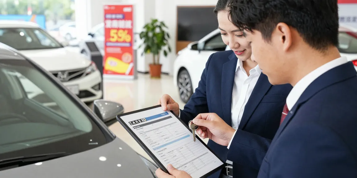 Check your vehicle history with a detailed report while inspecting a car in a bright dealership.
