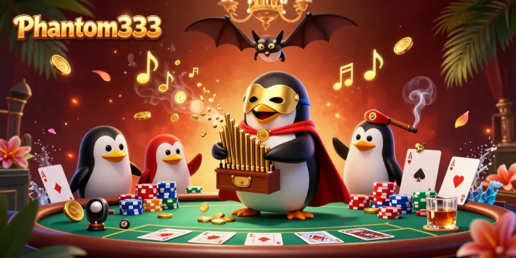 Experience fantastic gameplay at Phantom333 with a penguin organist and vibrant casino elements.