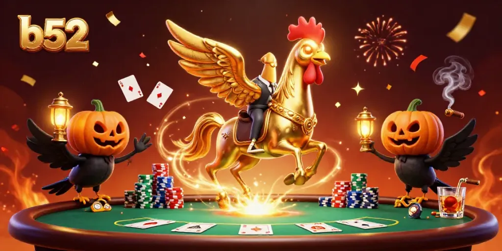 Join the b52 adventure in a vibrant casino with characters surrounded by colorful poker elements.