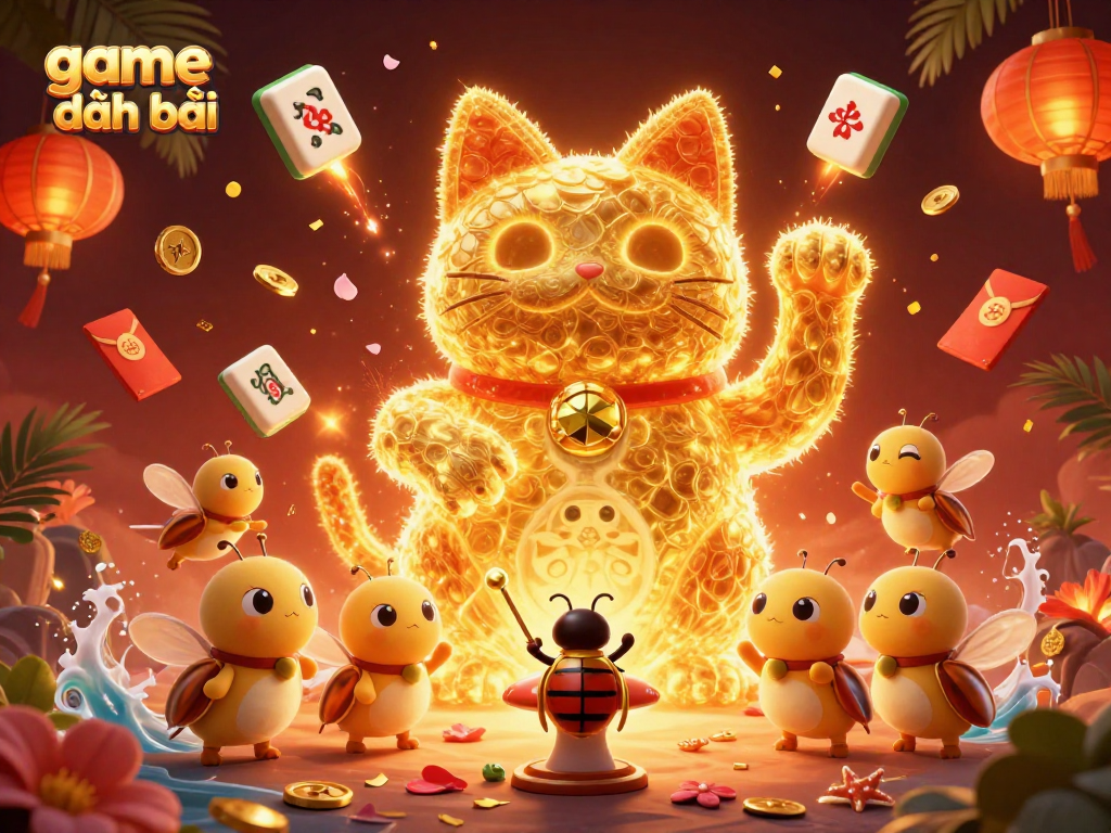 Play game đánh bài with a vibrant display of casino symbols and lucky elements in a dynamic scene.