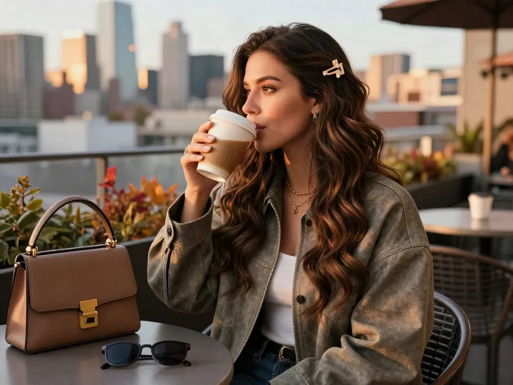 Genius clip in hair extensions human hair enhance a woman's stylish look at a rooftop café, showcasing urban elegance.