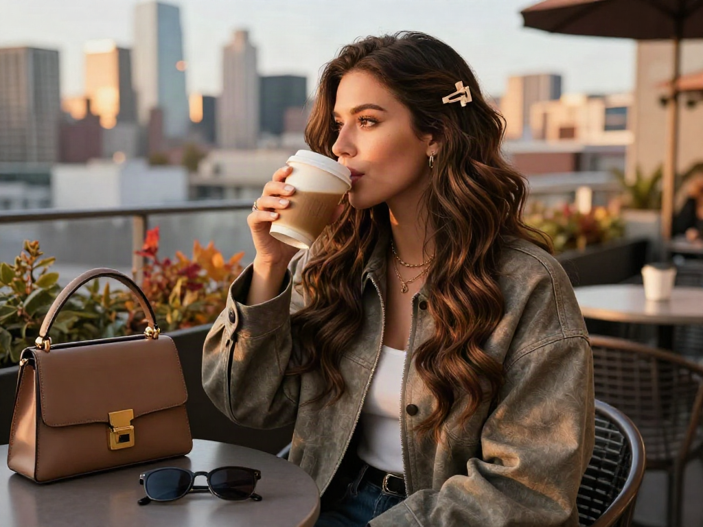 Genius clip in hair extensions human hair enhance a woman's stylish look at a rooftop café, showcasing urban elegance.