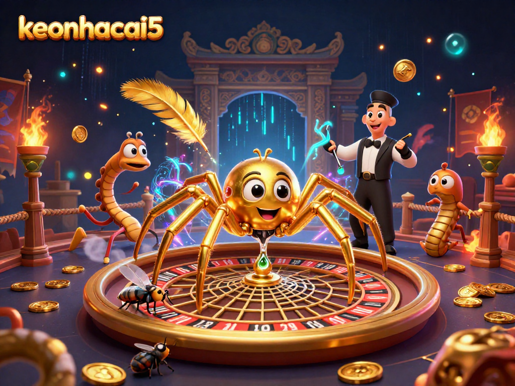 Engage with keonhacai5 as a fly nervously bets near a roulette wheel web crafted by a golden spider.