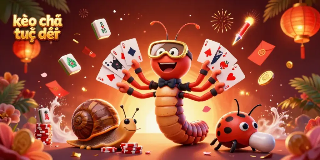 Experience kèo nhà cái trực tiếp with a lively 3D dealer and whimsical characters in a vibrant casino scene.