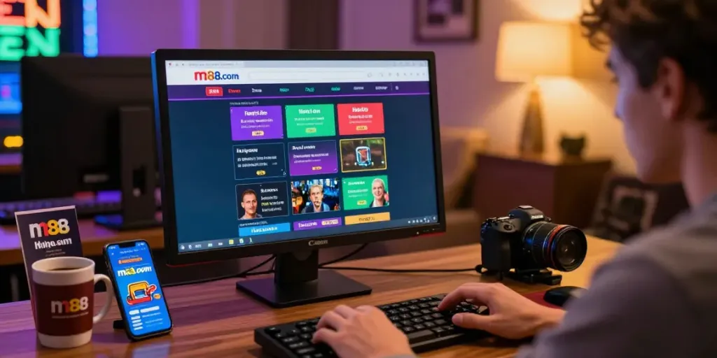 Engaging m88.com login alternatif scene with online gambling setup in a modern home office.