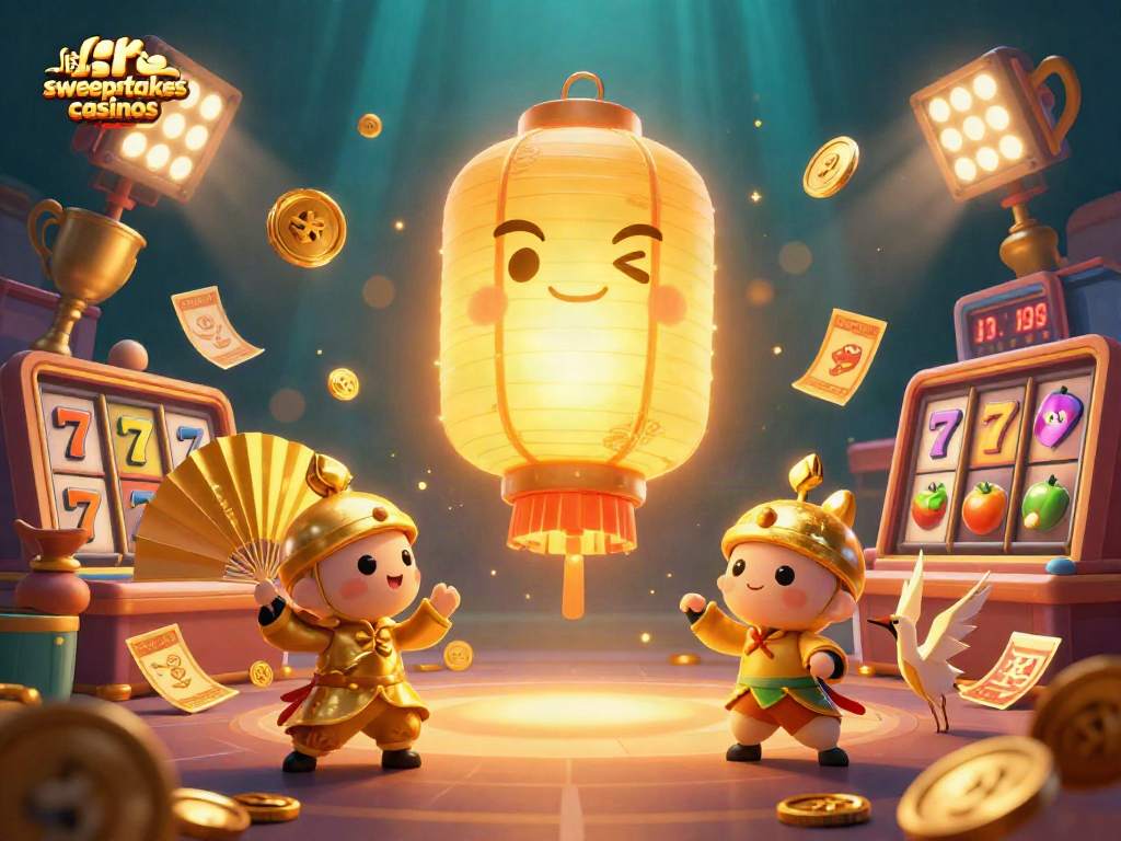 Experience the vibrant atmosphere of the list of sweepstakes casinos with a dynamic 3D scene featuring winning symbols and lucky charm characters.