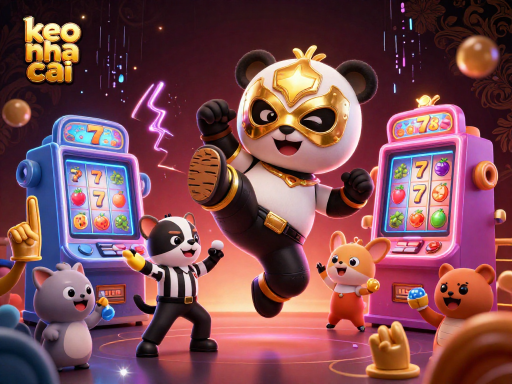 Experience thrilling moments with keo nha cai where a panda wrestler flies into action amidst vibrant slot machines.