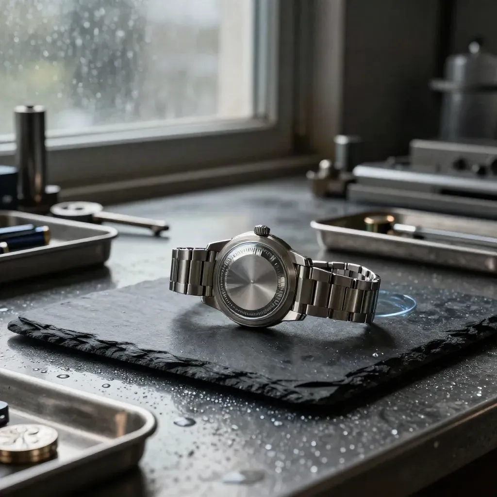 Field watch repair kit with open caseback, battery, gasket and links on a dark stone counter.