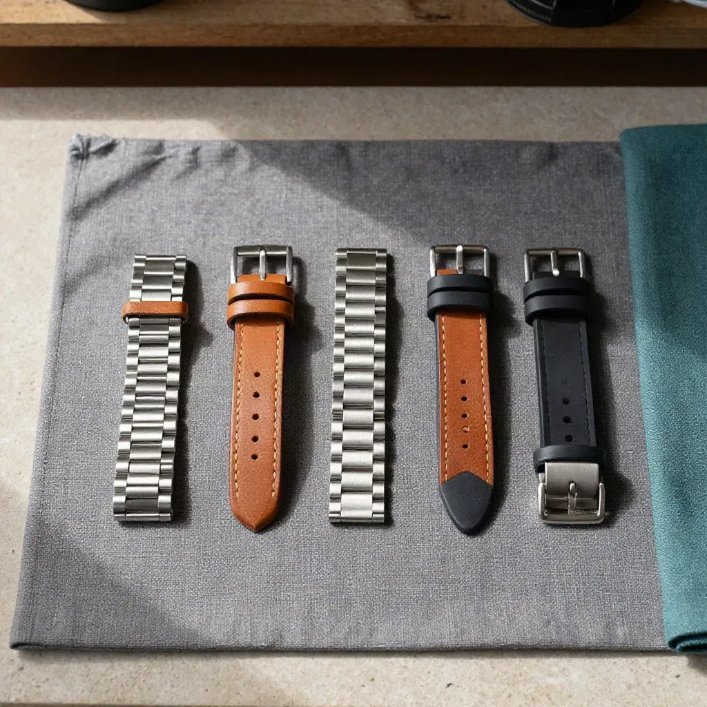 Top-down watch bands laid out for sizing: bracelet, leather strap, and rubber strap