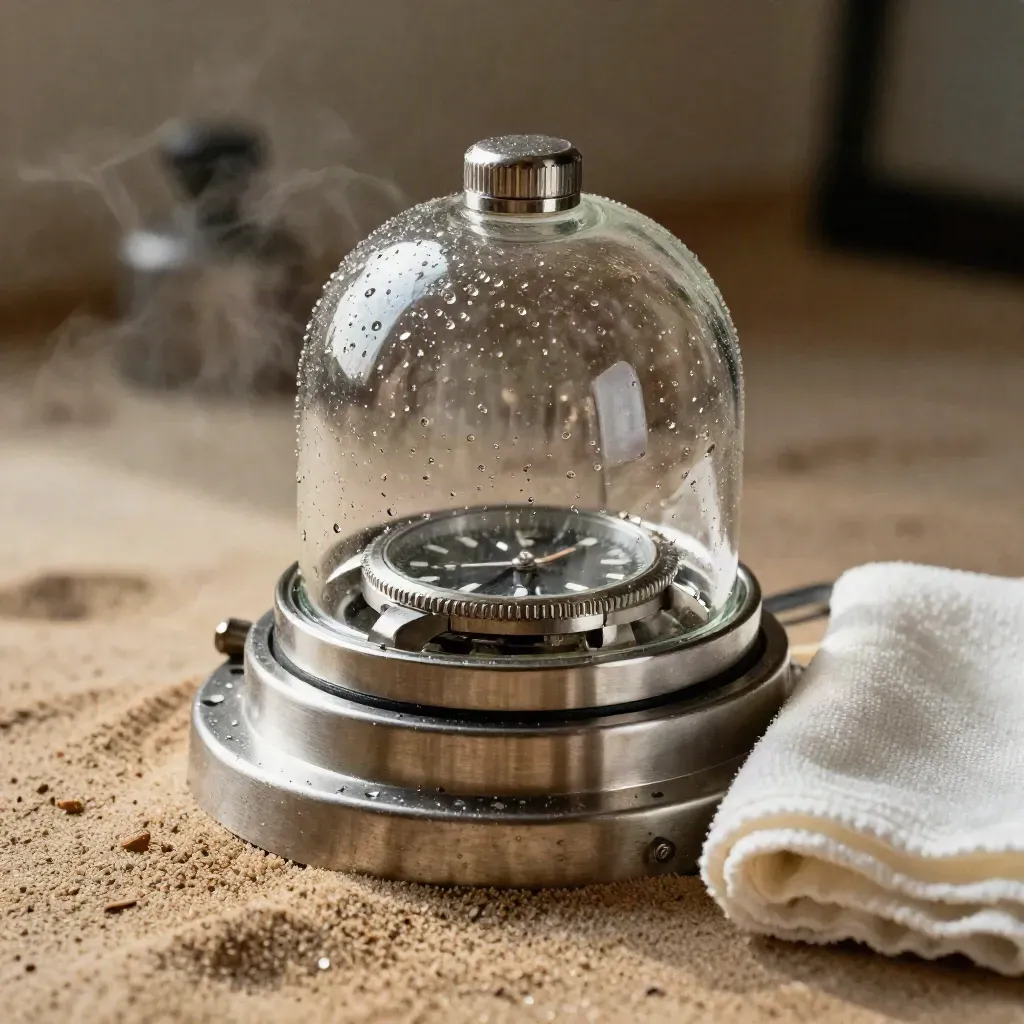 Diver watch under a clear waterproof test bell with condensation and a drying cloth beside it.