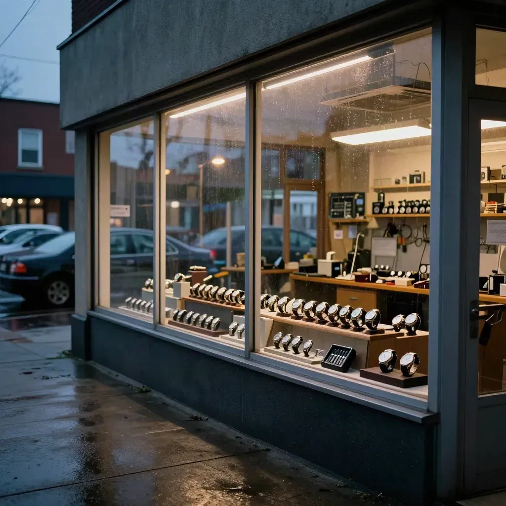 Blue-hour watch-repair storefront in a wet strip mall, lights coming on as evening settles.