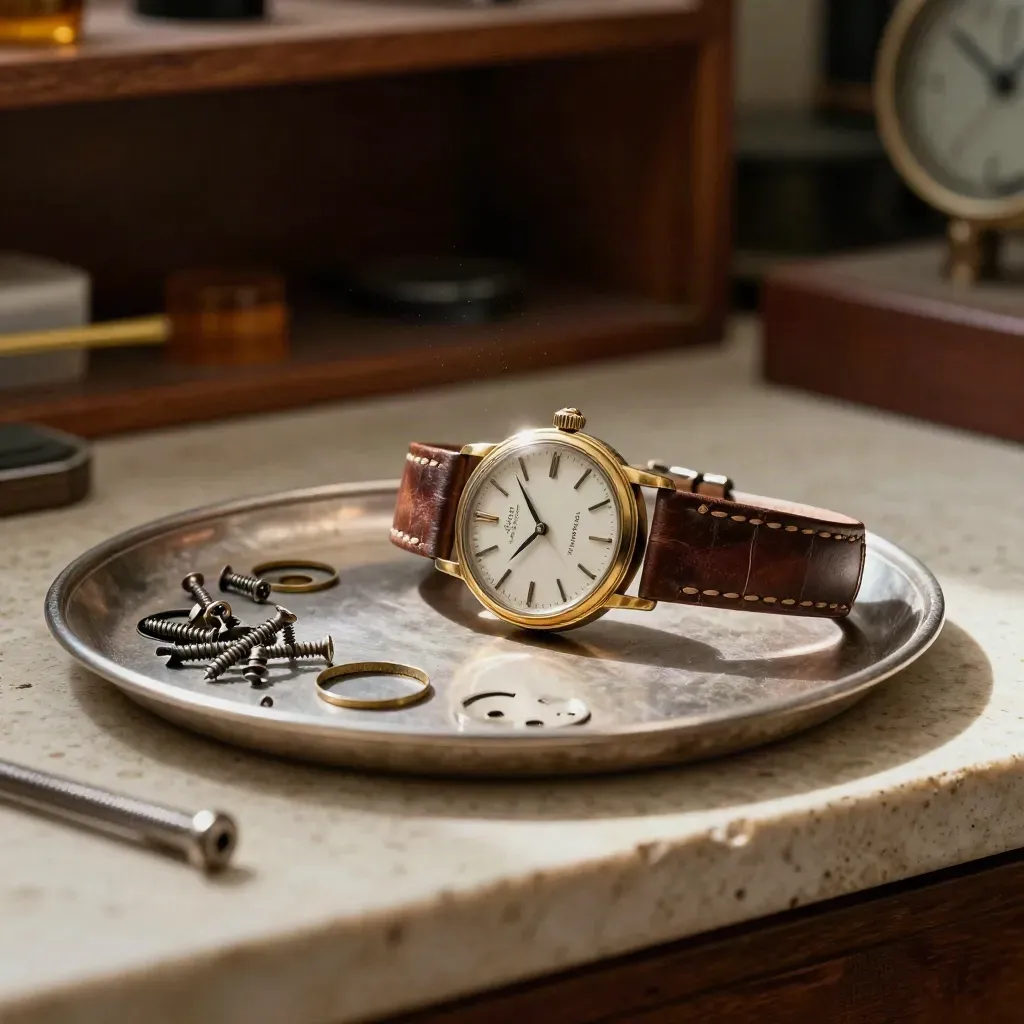 Vintage gold watch case with worn strap and aged parts on a pale counter in warm light.