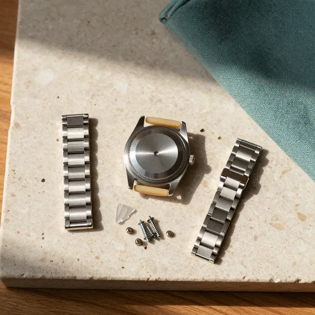 Flat lay of watch repair parts lined up on travertine, with a teal cloth accent and soft shadows.