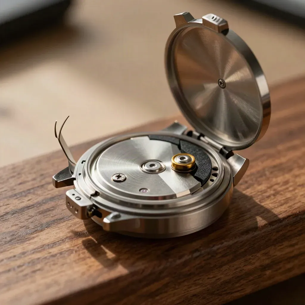Open quartz watch with fresh battery and tiny screws on a service mat, lit by hard daylight.
