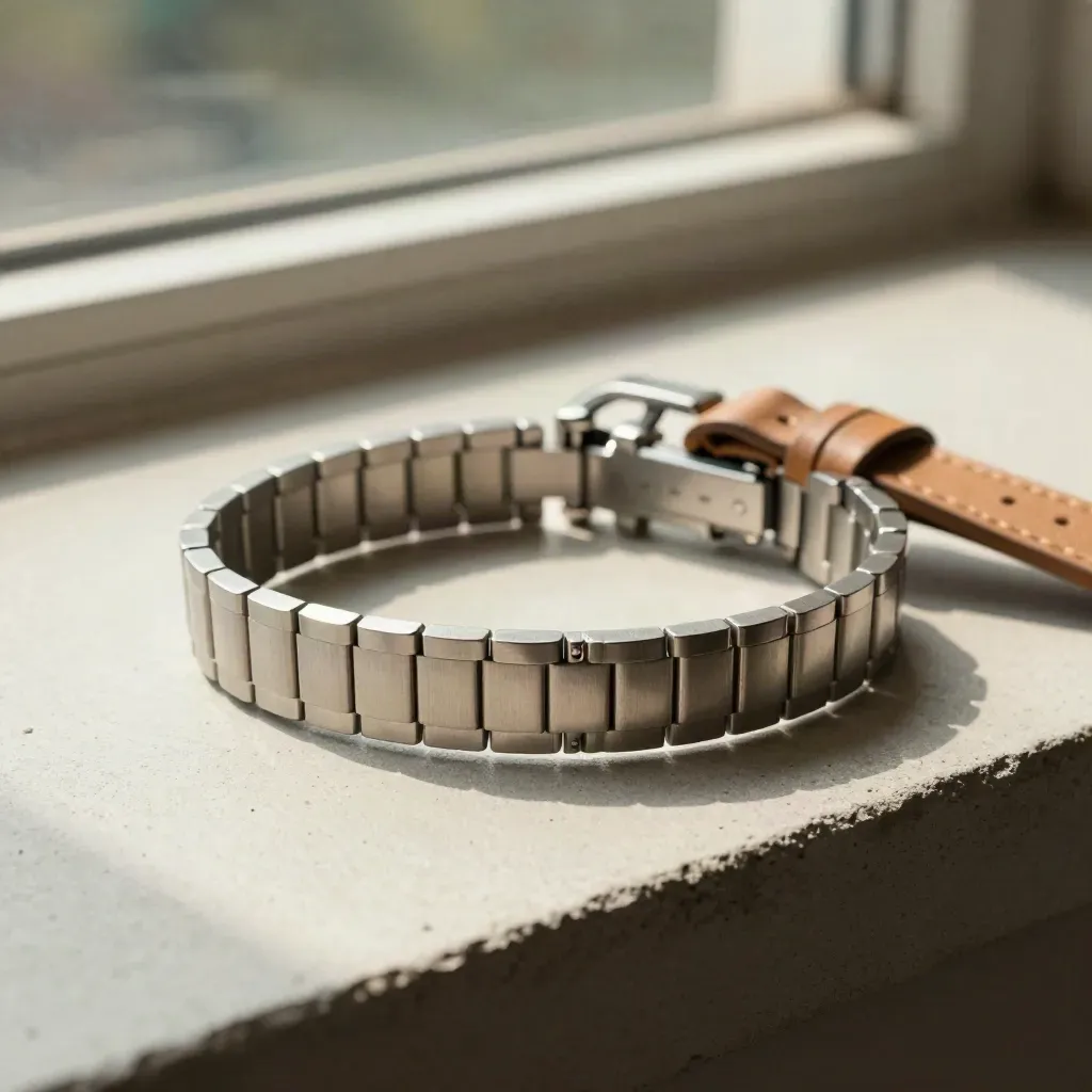 Sized watch bracelet with removed link and leather strap on a neutral counter with soft shop glow.