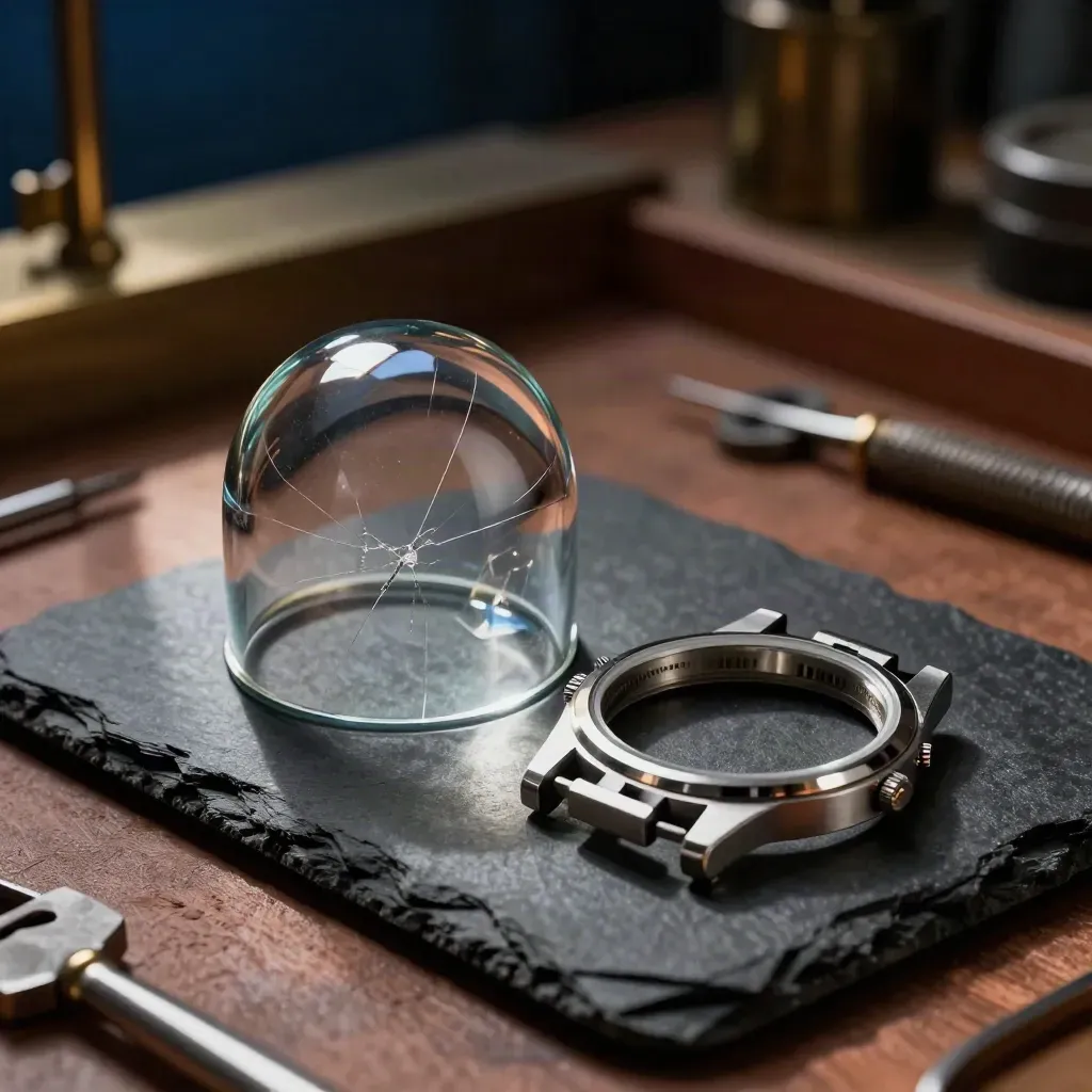 Sapphire watch crystal, cracked old crystal, and open case on a slate service stone