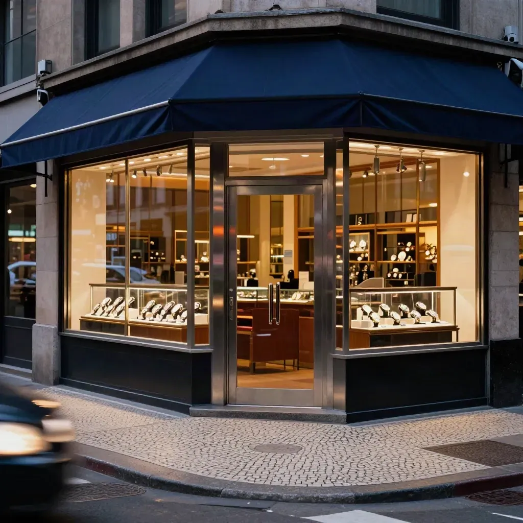 Evening row of watch repair shops glowing on a city corner, doors reflecting traffic.