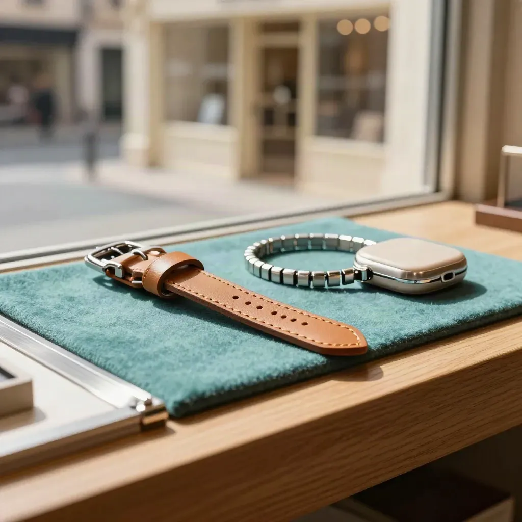 Leather strap, steel bracelet, and watch case in a sunlit shop window