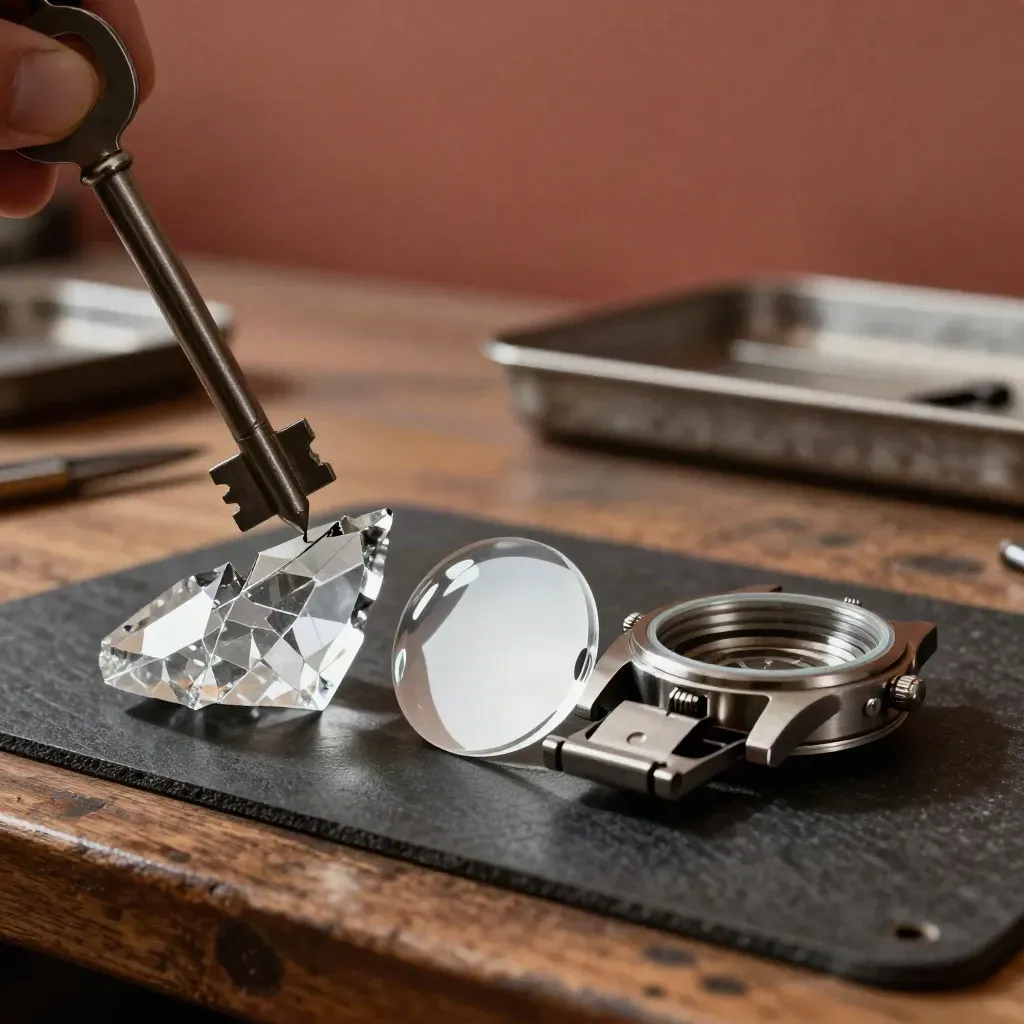 Cracked watch crystal beside a replacement dome and open case on a dark service mat.