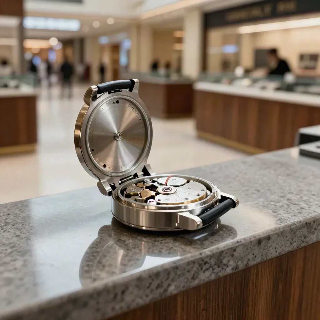 Opened quartz watch with coin cells lined up on a mall kiosk counter