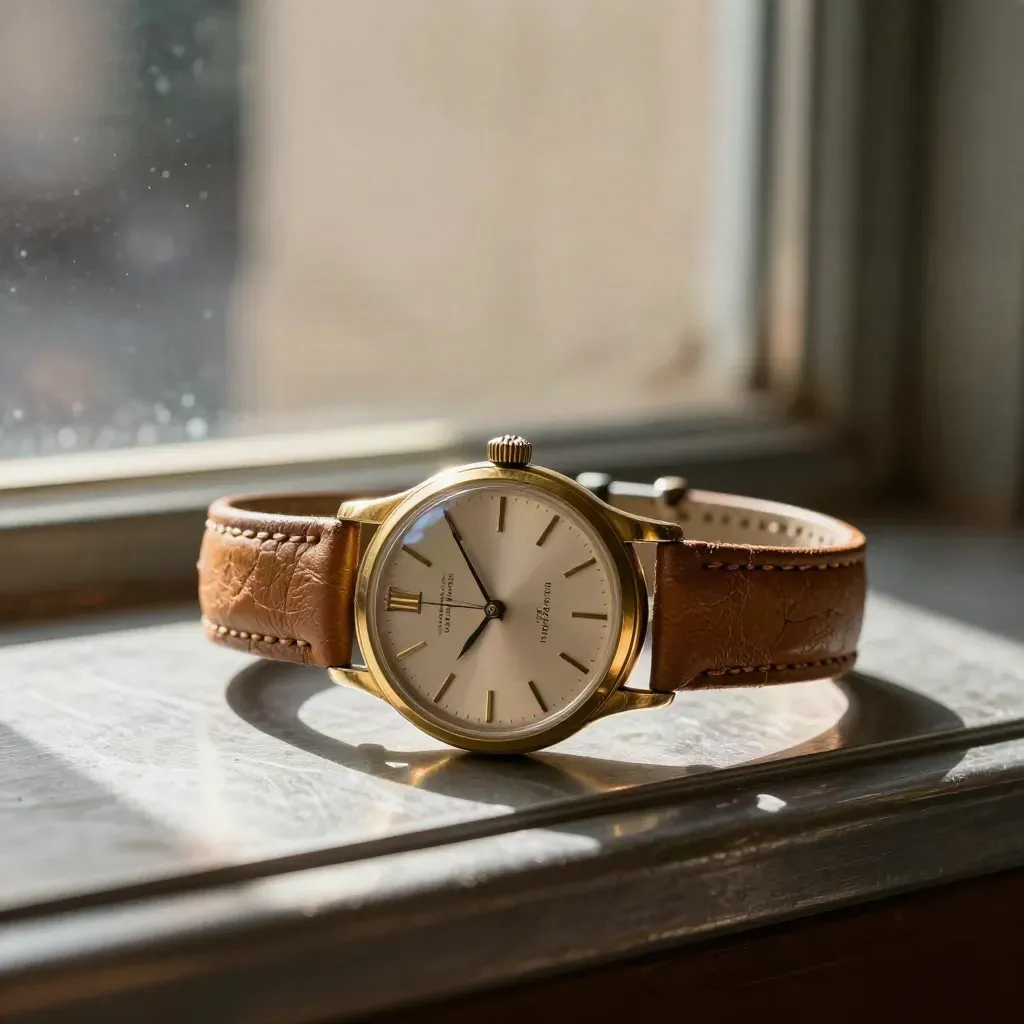 Vintage gold-tone watch case with worn strap in a window display, softly lit