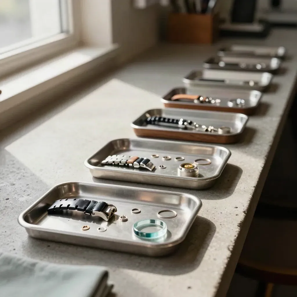 Diagonal row of watch service trays with parts and straps on a stone counter in warm light