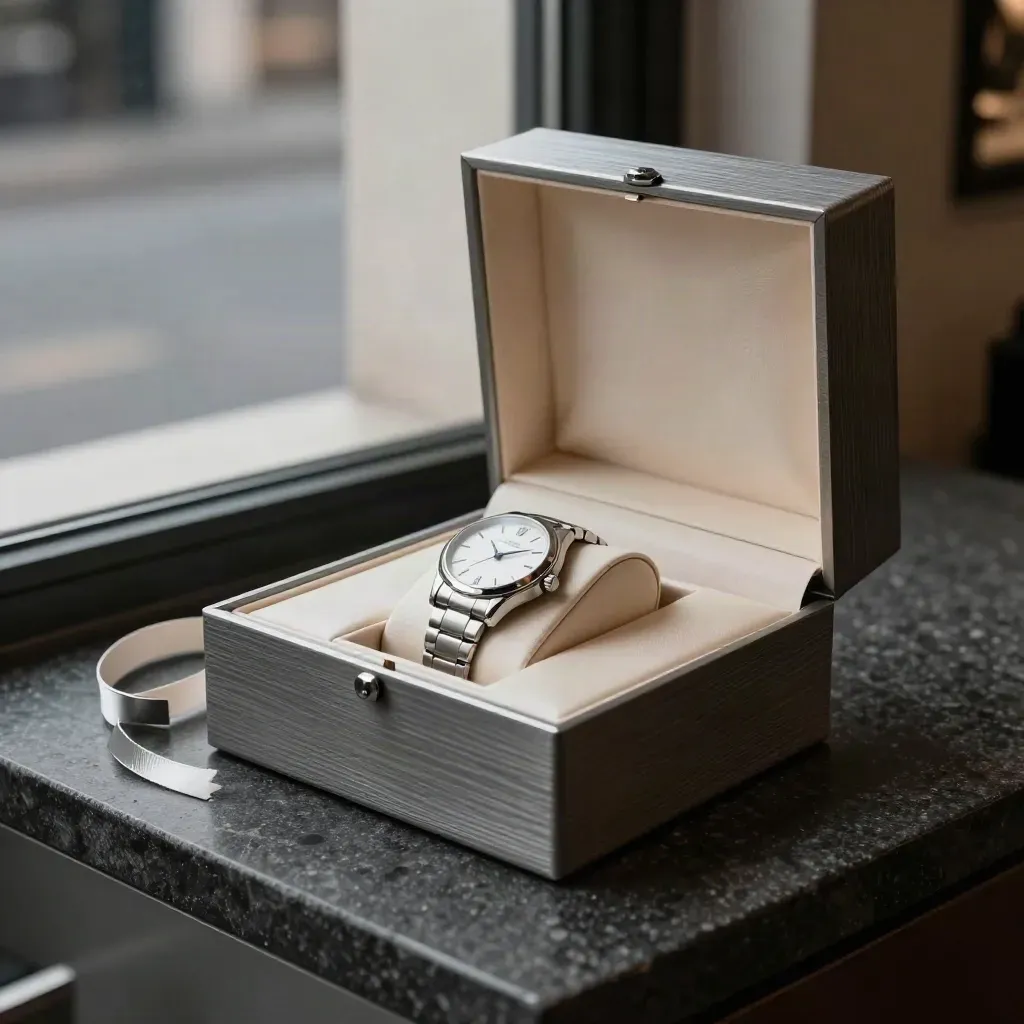 Gift watch box and dress watch on a shop counter with soft window reflections.