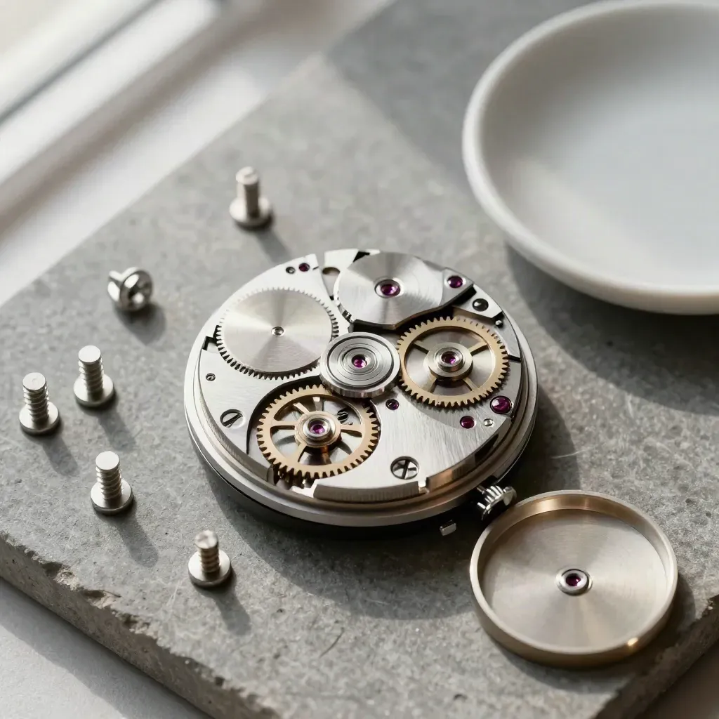 Overhead watch movement with three screws, gasket ring, and ceramic dish on stone.