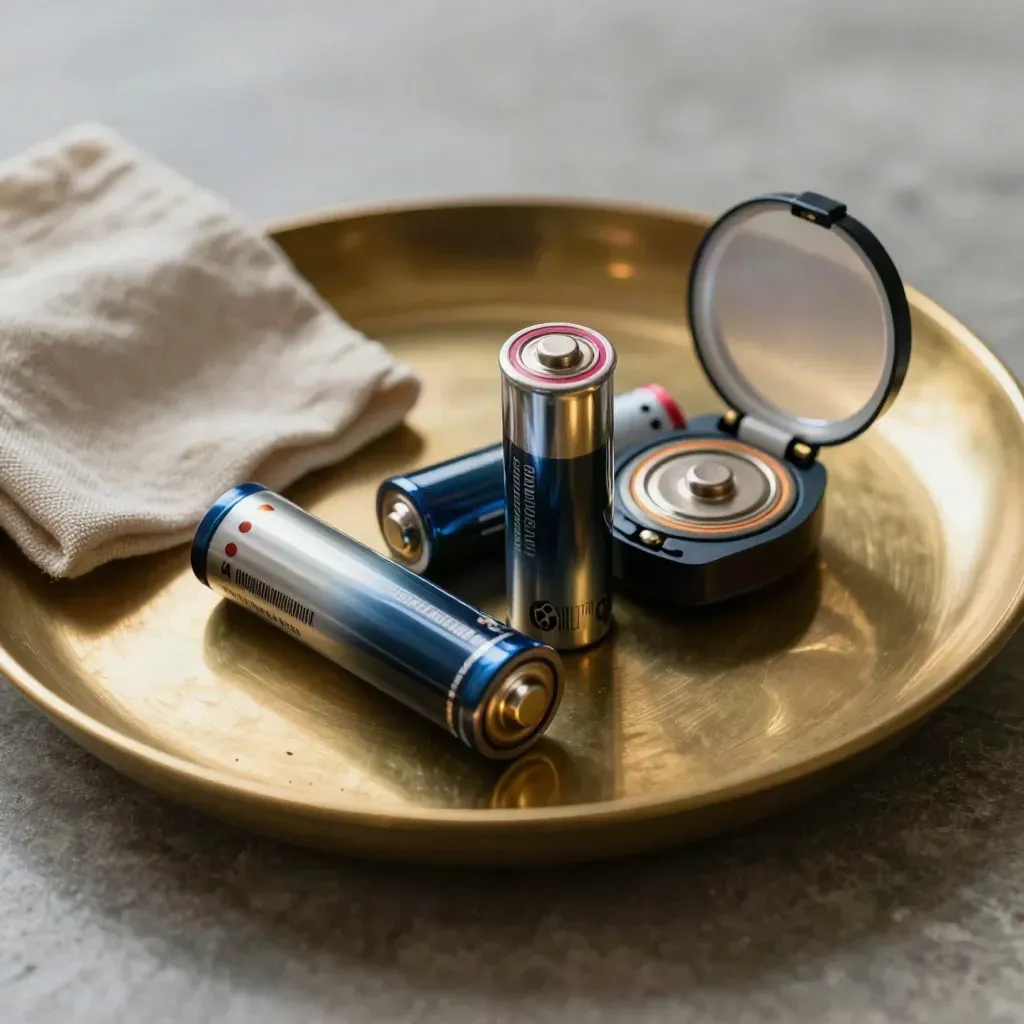 Brass tray with watch batteries, open caseback, and linen cloth on stone.