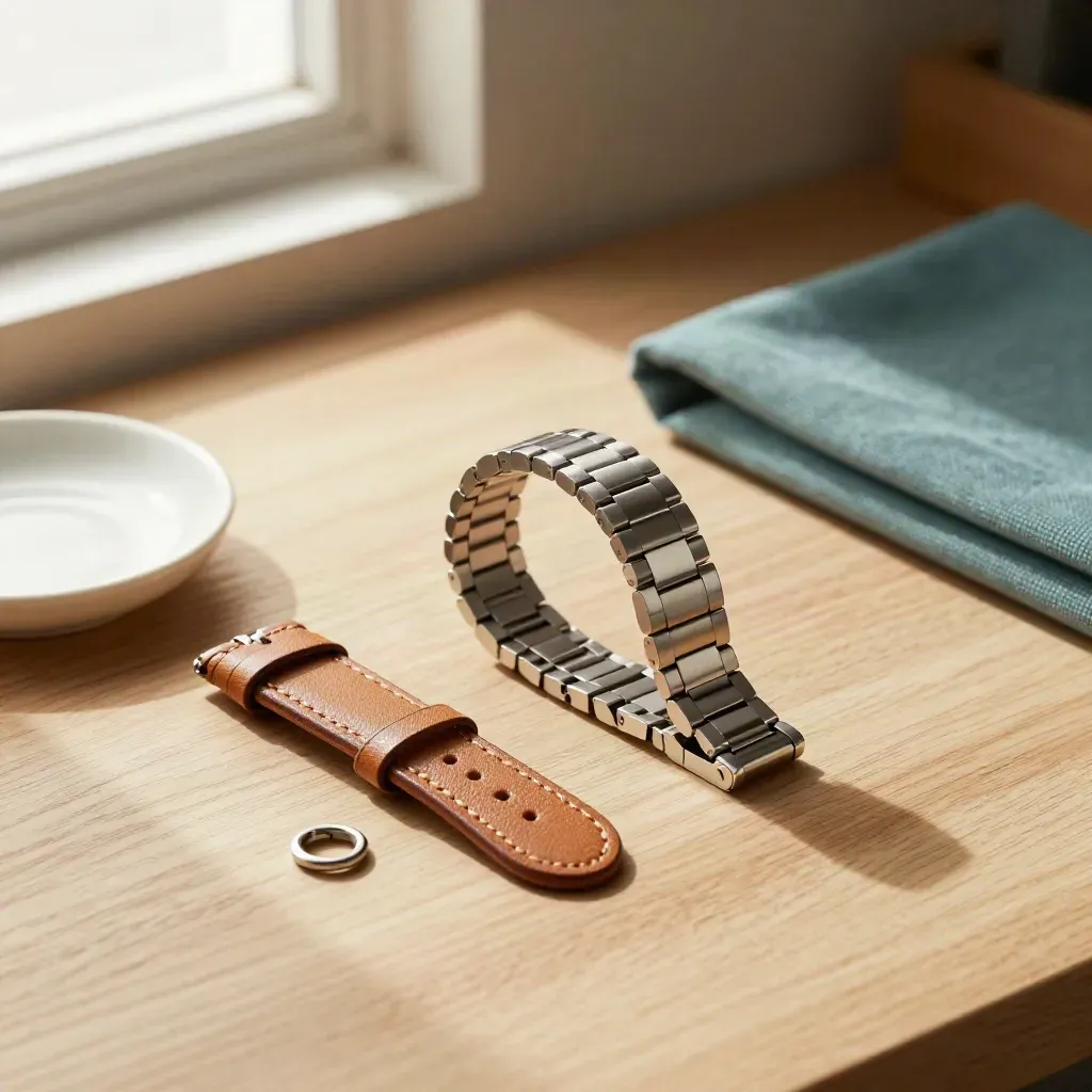 Stainless bracelet, leather strap, and ceramic dish on a pale oak bench by window light.