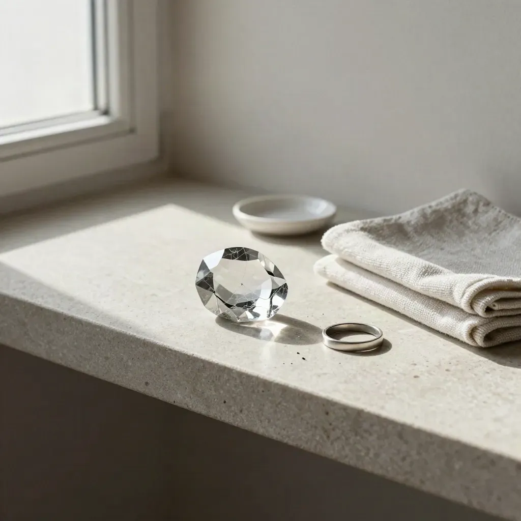 Replacement watch crystal beside a cracked shard and folded microfiber cloth on a stone shelf