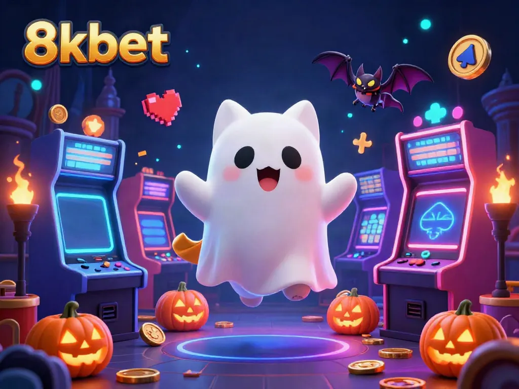 Experience the thrill of 8xbet in a haunted casino with a ghost cat and arcade games.