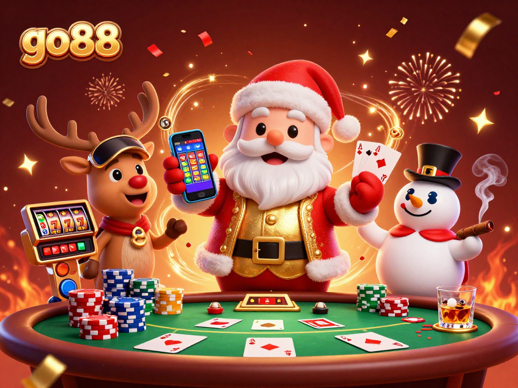 Experience the thrill of go88 slots with Santa and friends celebrating in a festive casino scene.