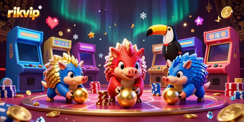 Engage with rikvip's vibrant gaming scene featuring animated pangolins and exciting casino elements.