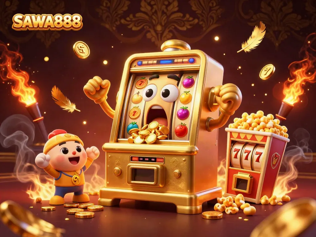 SAWA888's jackpot celebration featuring a golden slot machine bursting with coins and cheerful baby slots.
