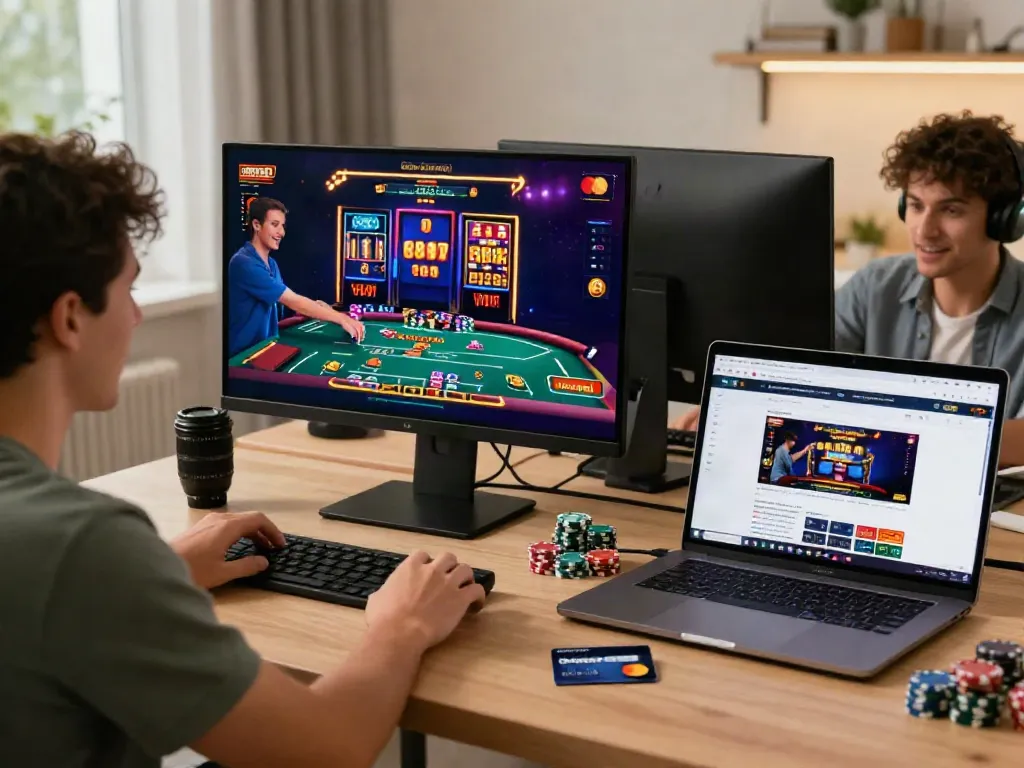 Players enjoying games at Mastercard casinos in a cozy home office setting.
