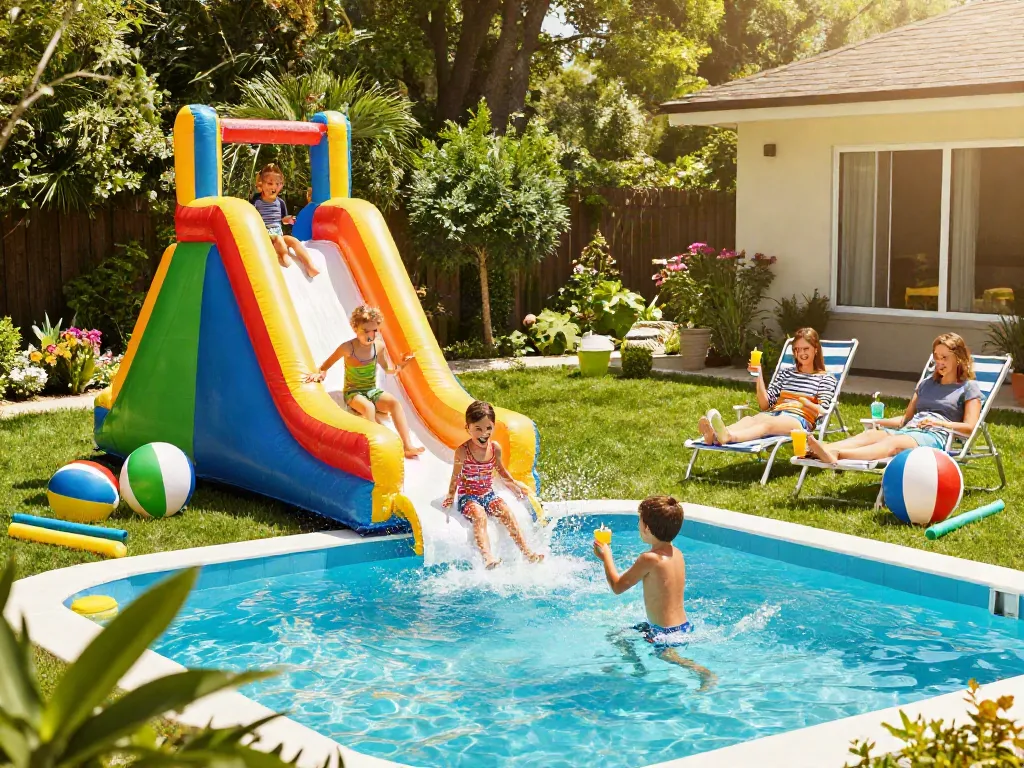 Kids enjoying a water slide in a sunny backyard with family.