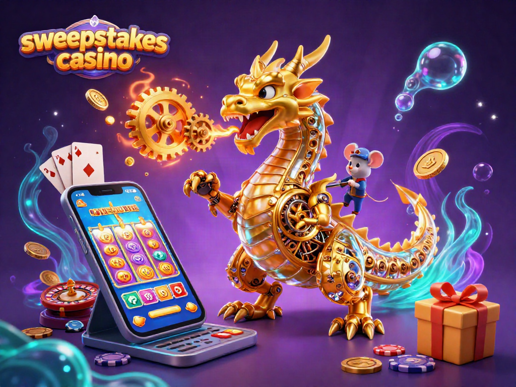 Sweepstakes casino showcases a golden dragon and a mouse engineer surrounded by vibrant gaming elements.