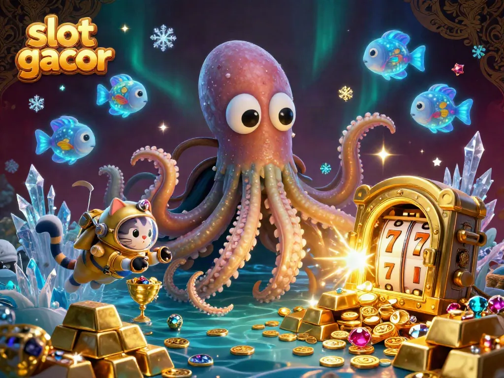 Engage with the thrilling slot gacor experience through an adventurous scene featuring a kraken and diving cat.