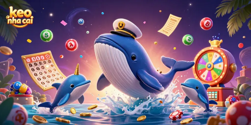 Engage in keo nha cai excitement with a whale, narwhal, and dolphins amid colorful casino elements.