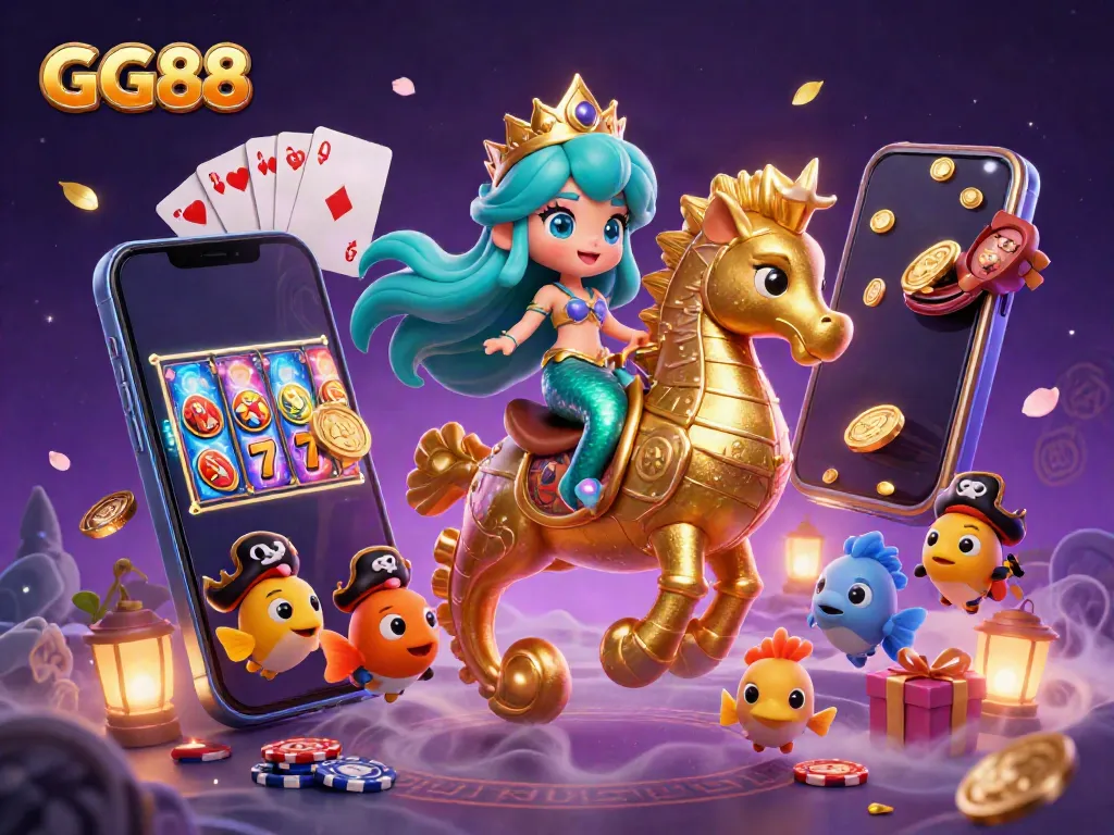 Experience the vibrant world of GG88 with a 3D mermaid and seahorse amidst casino elements and magical energy.