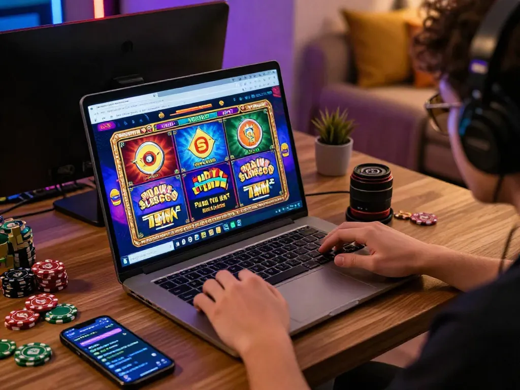 Exciting situs slot gaming scene showcasing online gaming on a laptop with vibrant graphics and gaming tokens.