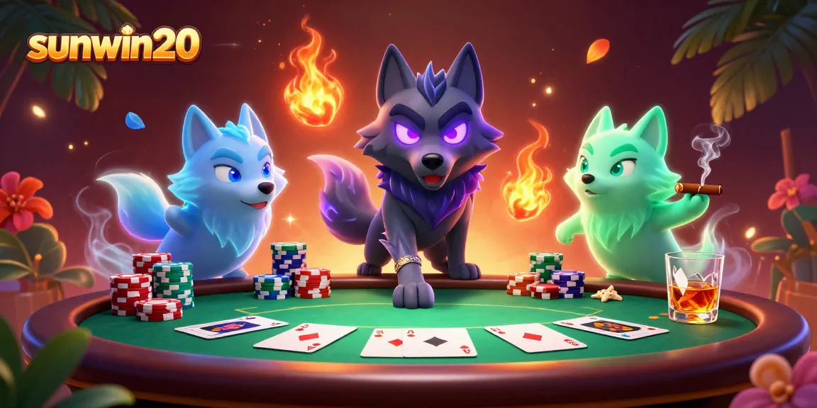 Engage in thrilling poker action with sunwin20's rich visual illustration featuring wolves and casino elements.