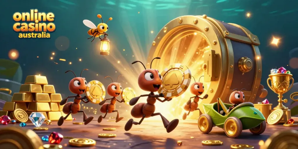 Experience intense action with a team of ants stealing a giant poker chip in an online casino Australia scene.