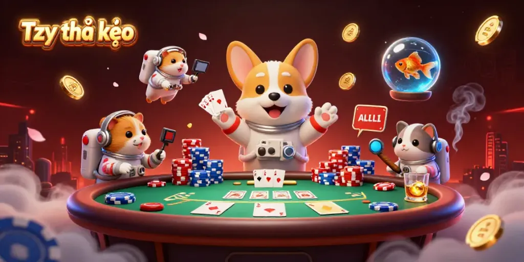 Bet on Tỷ lệ kèo in a space station casino with an astronaut corgi and unique game elements.