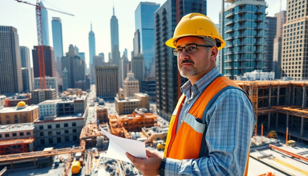 Manhattan General Contractor managing a busy construction project in a vibrant cityscape.