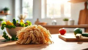 Using a kitchen loofah scrubber for eco-friendly cleaning in a bright kitchen.